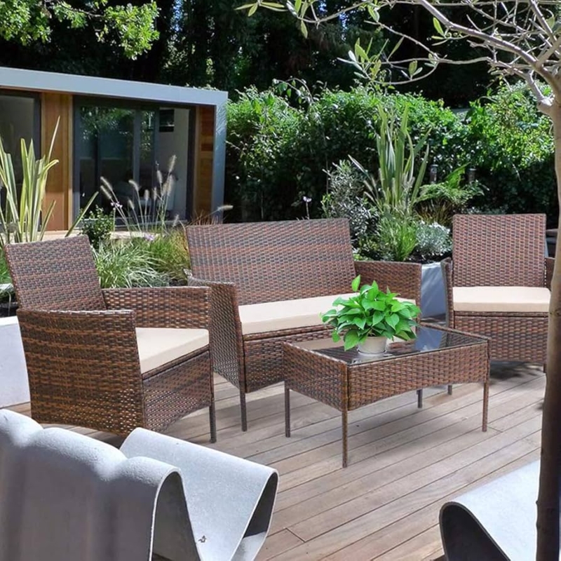 Four-Piece Patio Conversation Set with Khaki Cushions and Glass Top