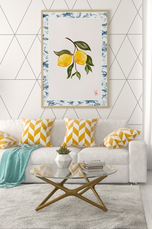 Framed Botanical Print Living Room Lemon Toile Border Art