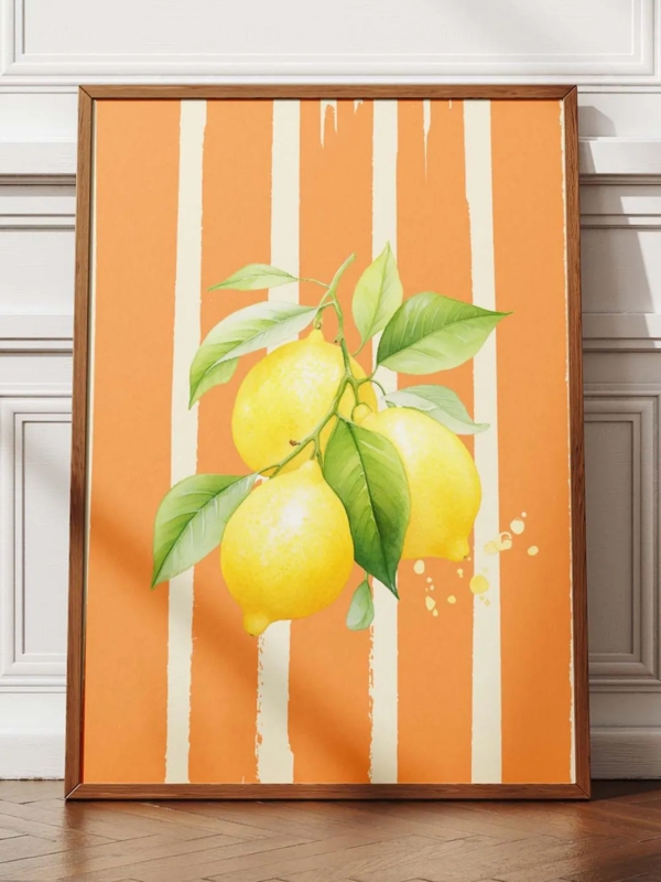 Framed Botanical Print Retro Lemon Orange Striped Background