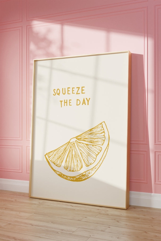Framed Graphic Art Minimalist Lemon Kitchen Pink Wall Contrast