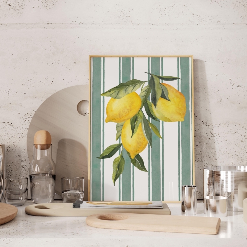 Framed Graphic Art Vintage Lemon Print Sage Green Stripes