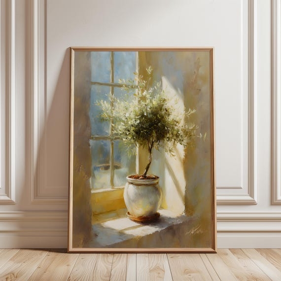 Framed Painting Neutral Palette Wood Toned Frame Impressionistic