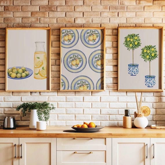 Framed Print Set Blue And White Citrus Botanical Trio Lemon