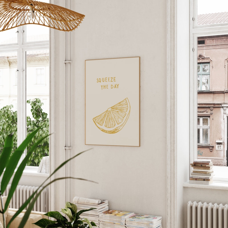 Framed Wall Art Minimalist Lemon Squeeze The Day Text Wicker