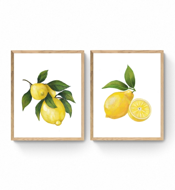 Framed Wall Art Set Botanical Lemon Illustration Wood Toned