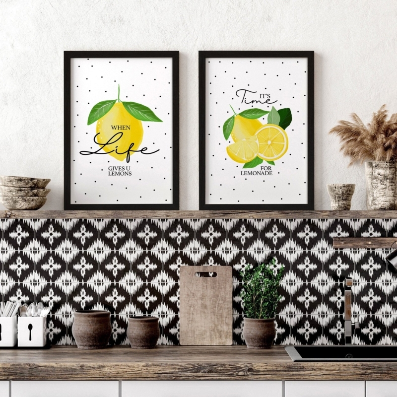Framed Wall Art Set Cheerful Lemon Kitchen Typography Black