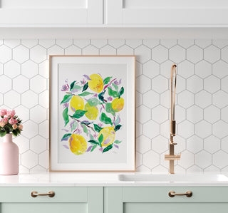 Framed Watercolor Wall Art Modern Mediterranean Lemon Motif Mint