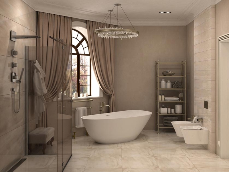 Freestanding Bathtub, Arched Window Treatment & Crystal Chandelier