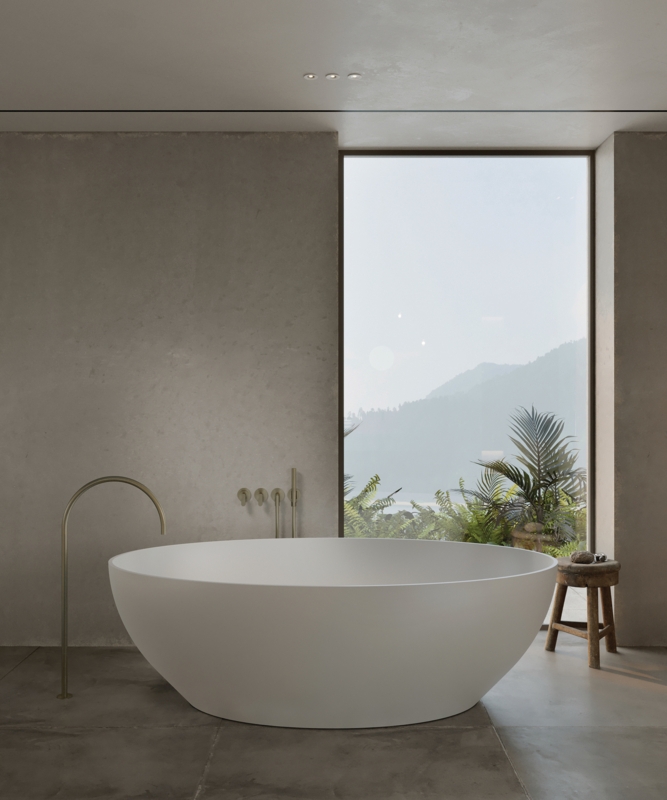 Freestanding Bathtub: Matte Gray Wall Texture and Scenic Window View