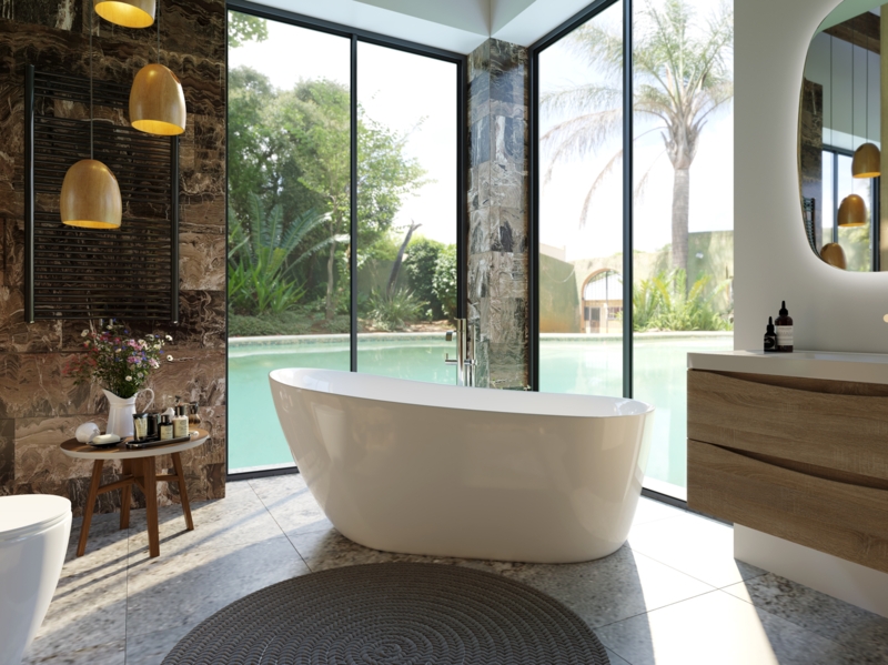 Freestanding Bathtub with Tropical Outdoor View and Stone Walls