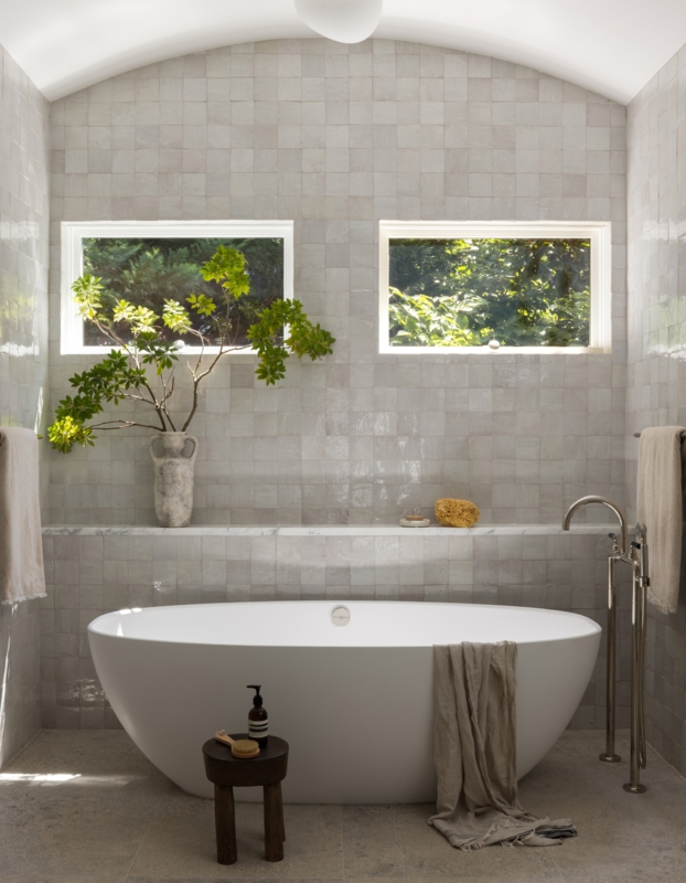 Freestanding Bathtub: Zellige Tile Walls and Floor Mounted Filler