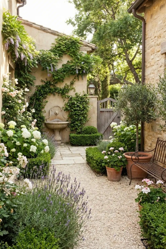 French Country Courtyard with Stone Wall Fountain and Gravel Path