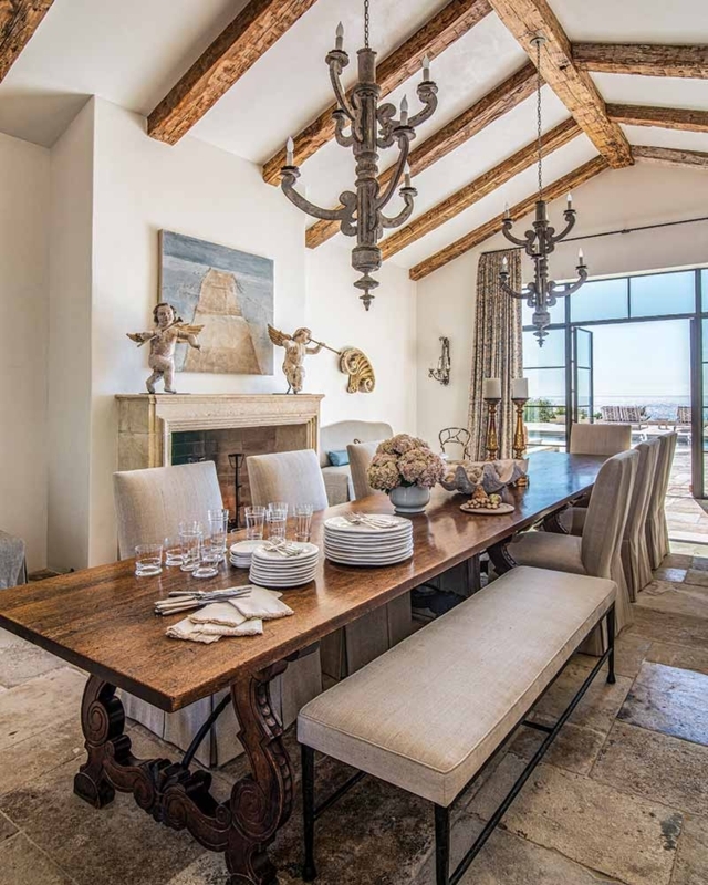 French Country Dining Room with Reclaimed Timber Beams & Flagstone Floor