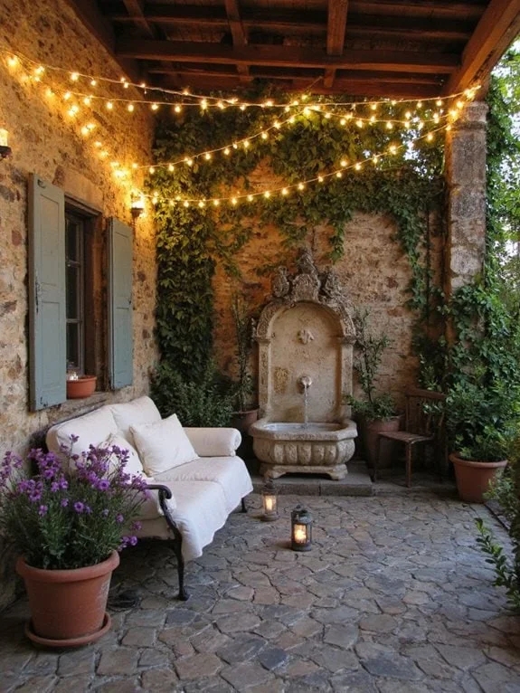 French Country Stone Patio Featuring Wall Mounted Fountain and String Lights