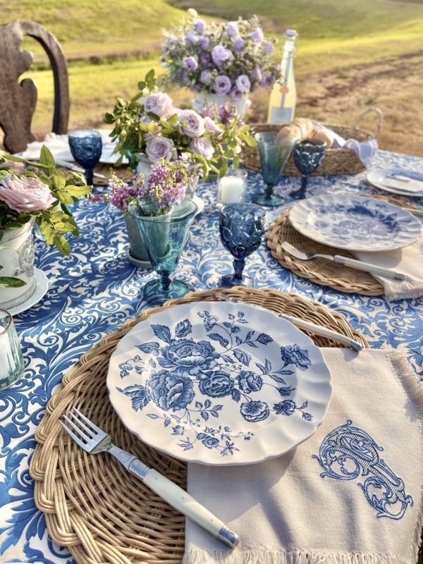 French Country Tablescape Blue White Floral Woven Rattan Texture