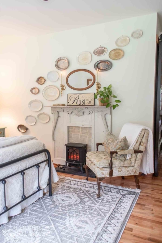 Gallery Wall: Arched Plate Arrangement over Distressed Mantel, Shabby Chic
