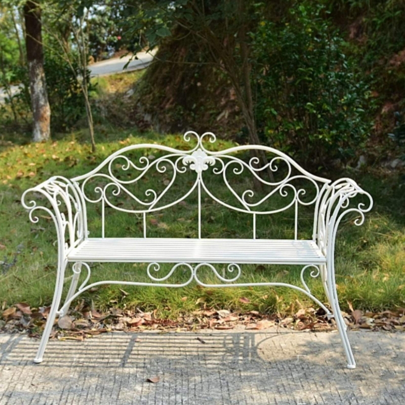 Garden Bench White Metal with French Country Fleur de Lis Motif
