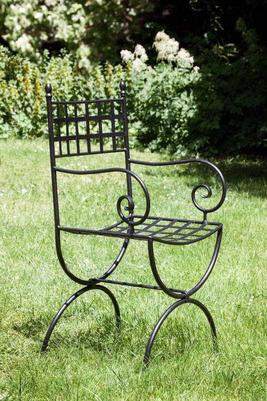 Garden Chair Traditional Black Metal with Grid Seat Pattern