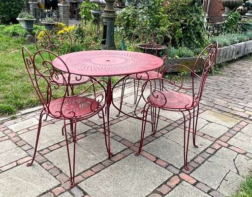 Garden Dining Set Vintage Red Metal with Perforated Top