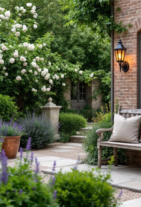 Garden Seating Area With Stone Paver Path & Vintage Lantern