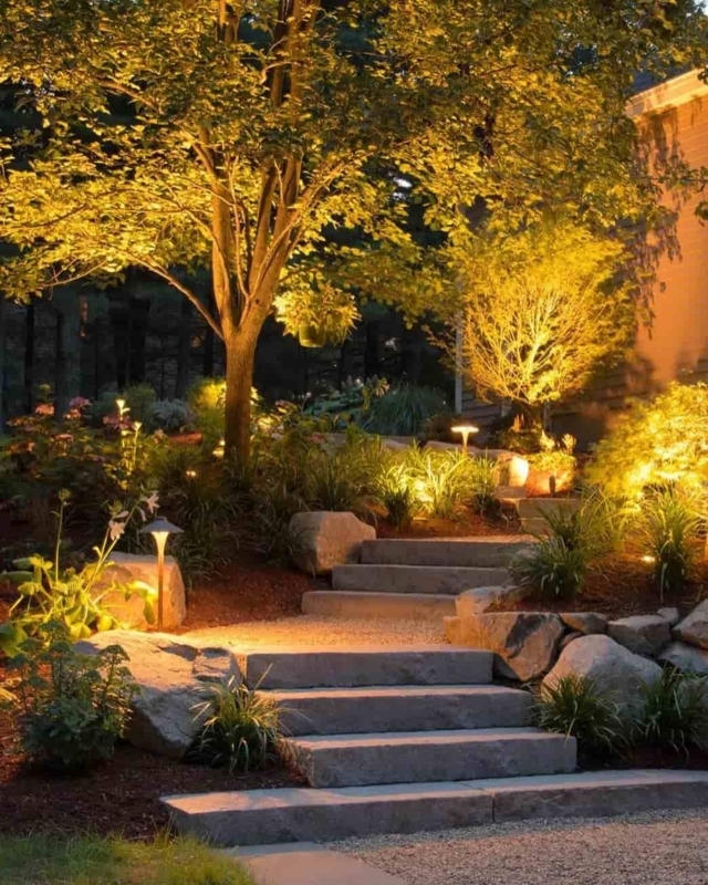 Garden Steps: Tiered Stone Steps with Warm Path Lighting and Uplighting