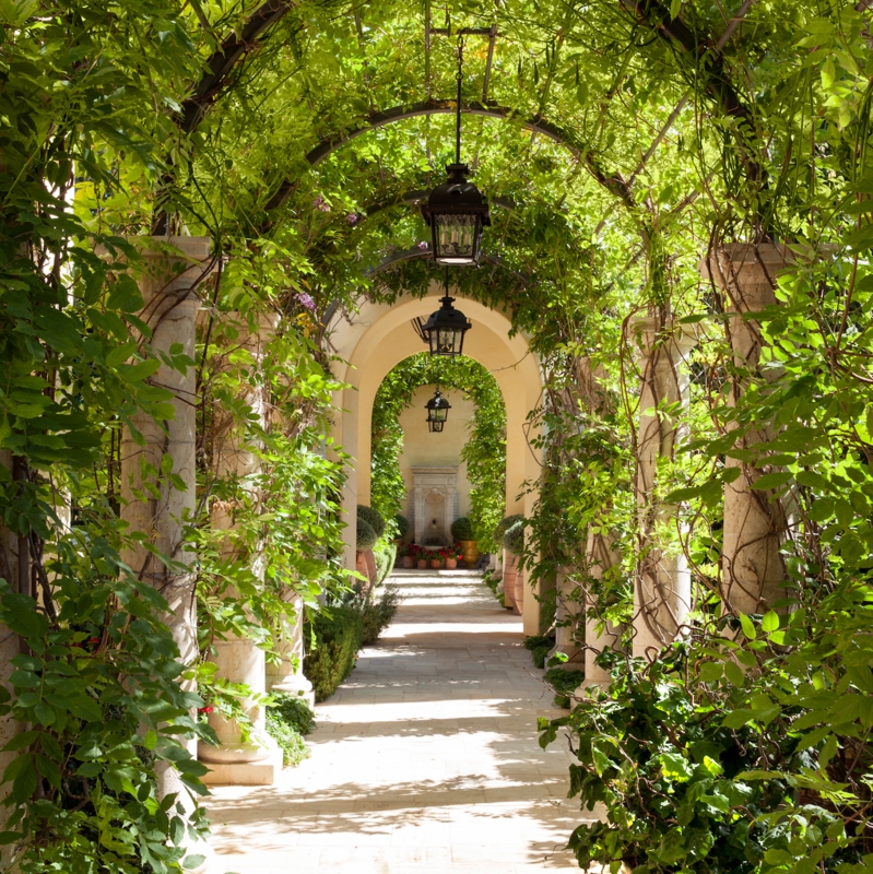 Garden Walkway With Stone Columns & Vine Covered Arbor