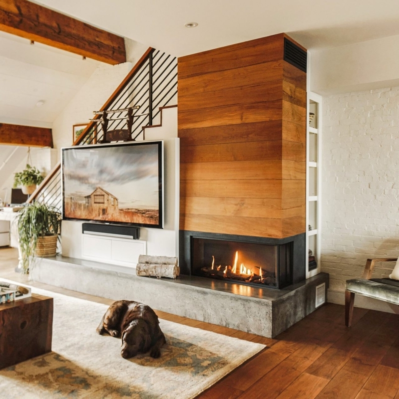 Gas Fireplace Integrated Media Wall Wood Paneling Design