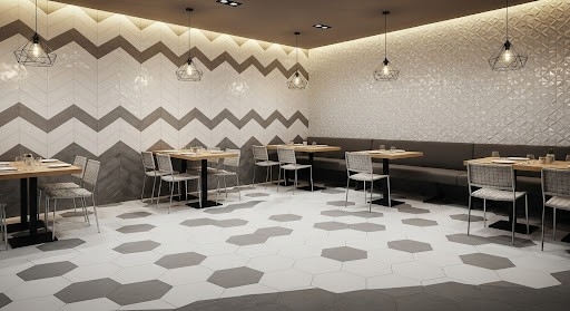Geometric Tile Restaurant Interior: 3D Textured Surfaces & Chevron