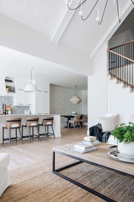 Geometric Wall Paneling Accent Idea: Transitional Kitchen & Woven Stools