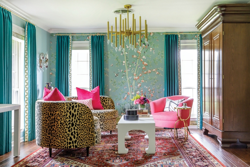 Glam Living Room with Teal Chinoiserie Wallpaper