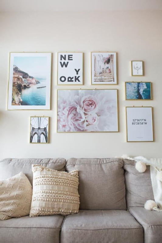 Gold Framed Art Wall Layout with Mixed Size Arrangement