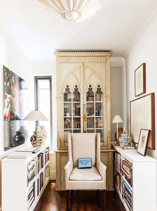 Gothic Revival Storage Cabinet in Symmetrical Library Nook