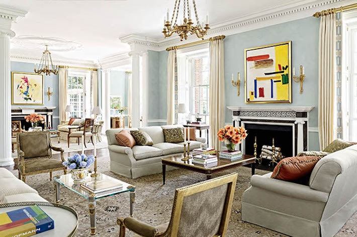 Grand Living Room Greek Key Fireplace Mantel Bold Abstract Art
