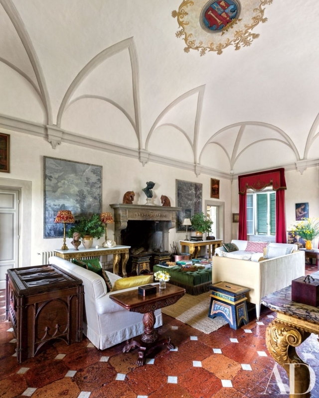 Grand Salon with Vaulted Ceiling, Heraldic Crest & Italian Decor
