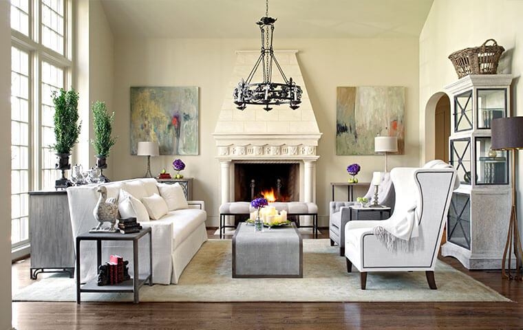 Grand Stone Fireplace Elegant Living Room Symmetrical Layout