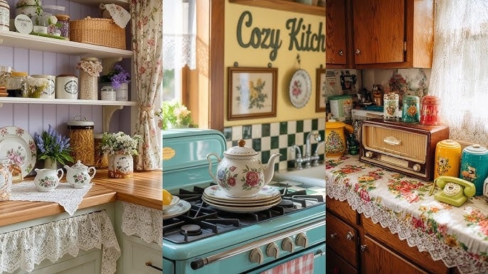 Grandmacore Kitchen Decor Ideas with Lace Trim and Floral Tea Sets