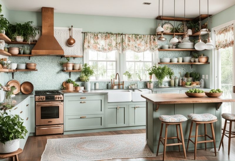 Grandmacore Kitchen with Copper Range, Sage Cabinets, and Floral Valances