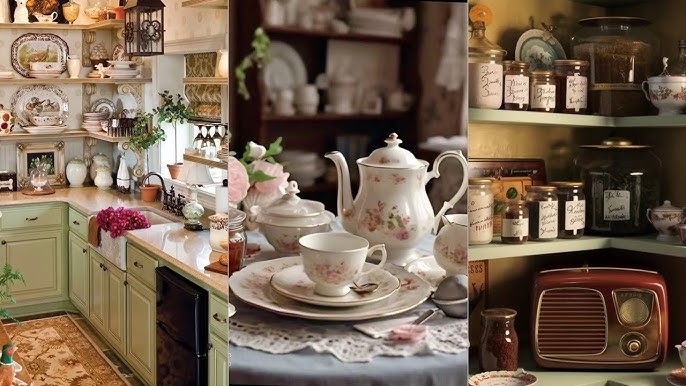 Grandmacore Pantry Organization with Floral Tea Set and Retro Radio