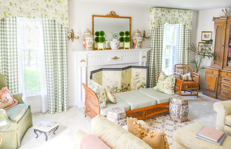 Grandmillennial Rattan Daybed Living Room Green Gingham Curtains