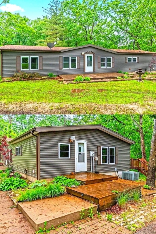Gray Mobile Home Exterior with Tiered Wood Deck and White Trim