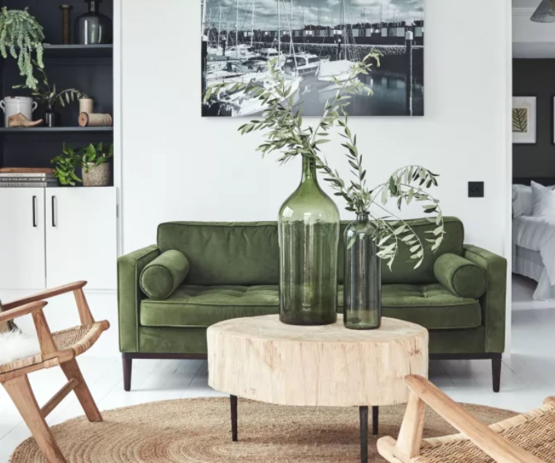 Green Upholstered Sofa Earthy Living Room Raw Wood Slab Table