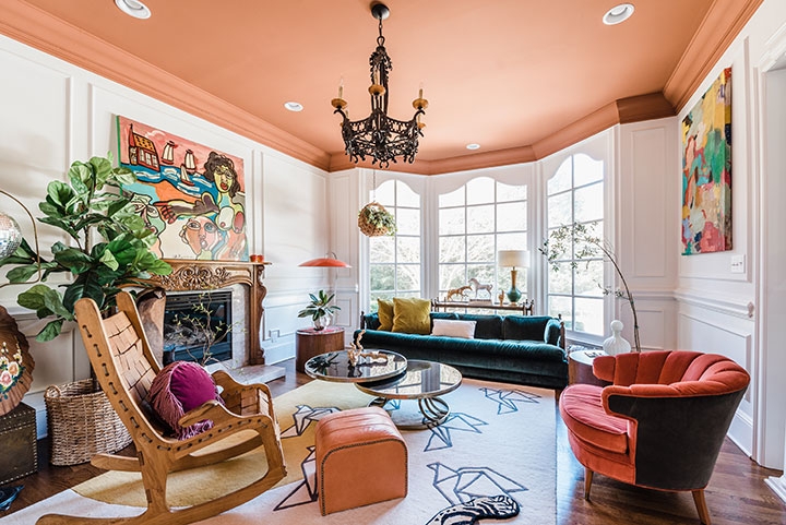 Green Velvet Sofa in an Eclectic Living Room with a Painted Ceiling.