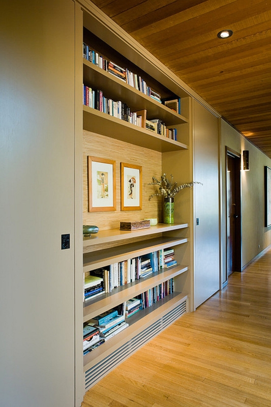 Hallway Built-In Bookcase Under Wood Plank Ceiling with Vents