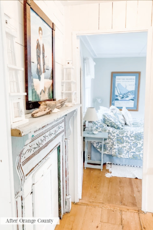 Hallway Decor Shiplap Walls Ornate Mantel Blue Floral Bedding View