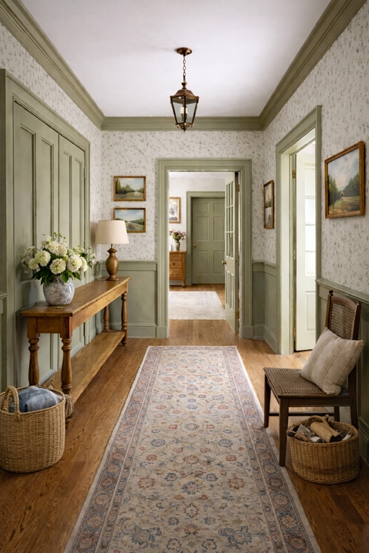 Hallway with Floral Wallpaper and Sage Green Wainscoting