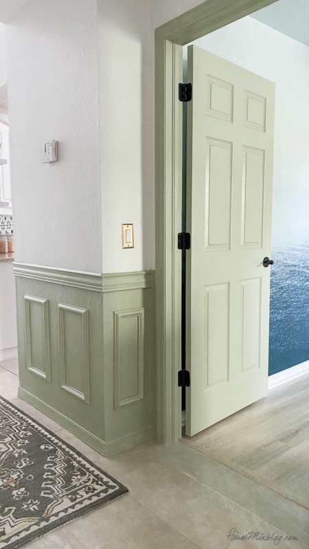 Hallway with Sage Green Door and Black Hardware Contrast