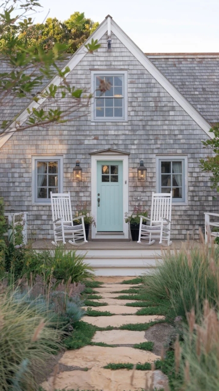 Hamptons Style Cottage Exterior With Teal Accent Door