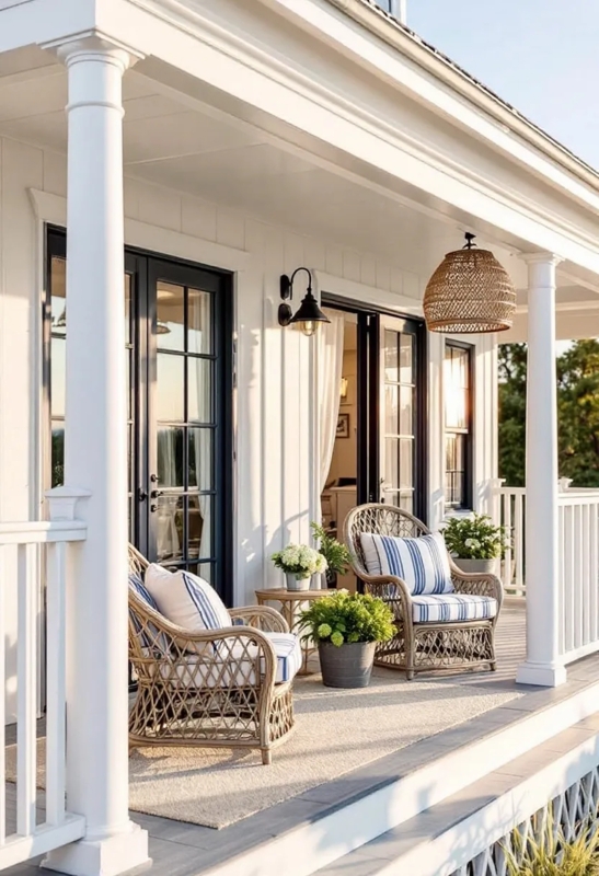 Hamptons Style Porch Decor with Woven Pendant Light