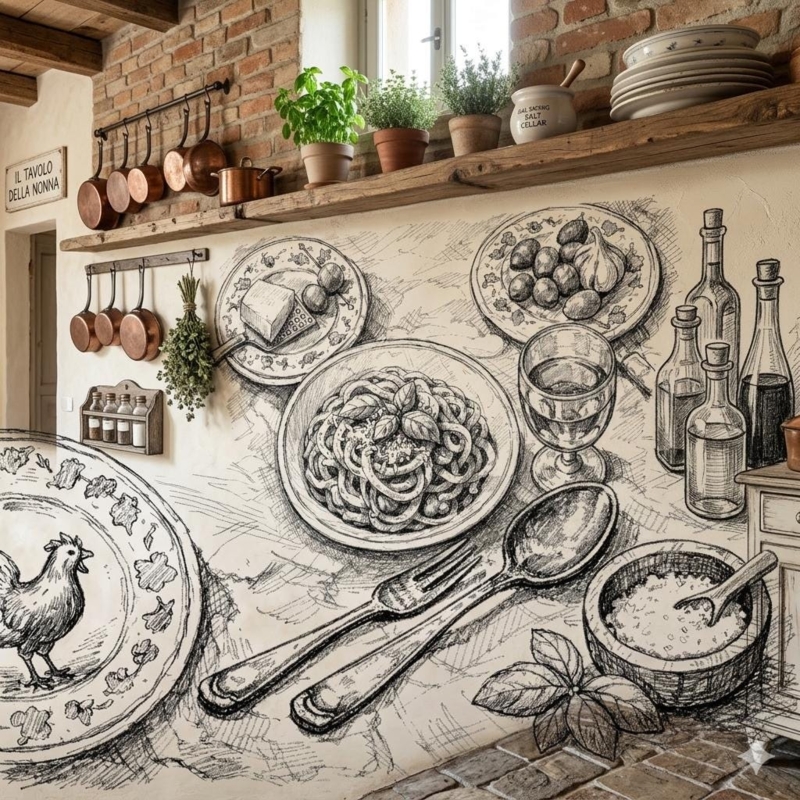 Hand-Sketched Mural Kitchen Scene with Exposed Brick and Copper Pots