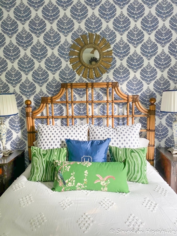 Headboard Bamboo Style Navy Leaf Wallpaper Malachite Pillows